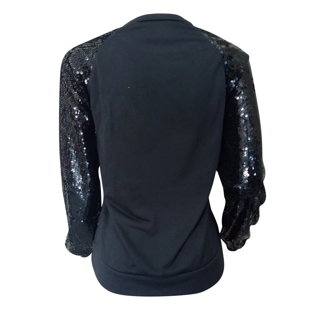 ADFVAT блестящие Sequines с длинным рукавом Лоскутная Мода Топ для женщин О образным вырезом характер шаблон Повседневная футболка LS8022