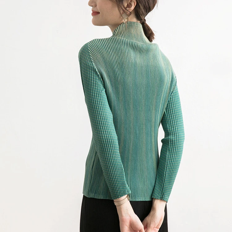Miyake модные складные с длинными рукавами Новые Сексуальные Зеленые полосы Стенд шеи футболки женщин