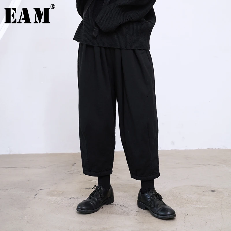 

[EAM] High Elastic Waist Black Leisure Wide Leg Trousers New Loose Fit Pants Women Fashion Tide Spring Autumn 2020 19A-a749