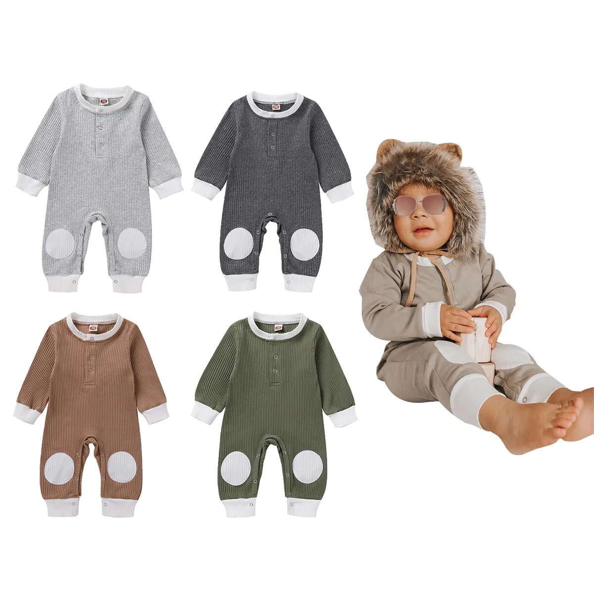 

Newborn Baby Girls Boys Long Sleeve Romper Solid Patch Ribbed Long Legging Warm Jumpsuit for Autumn and Spring 0-18M