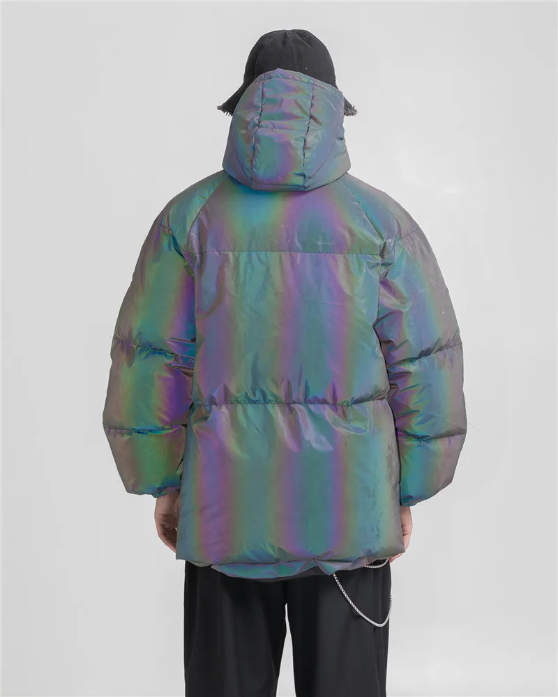 Уличная мода зима толстые теплые мужские ночные красочные Полностью Светоотражающие парки с капюшоном куртка в стиле хип-хоп Стеганое пальто с капюшоном верхняя одежда