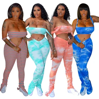 

Women Two Piece Set Tie Dye Striped Stacked Leggings Crop Top Long Pants Party Night Clothes For Women S235