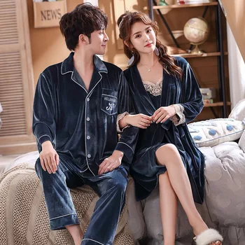 

Women Velour Robe Sets Sexy Nightwear Autumn Winter Sleepwear Men Long Sleeve Pyjamas Velvet Couple Lovers Pajamas