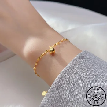 

925 Sterling Silver Round Solid Ball Bead Bracelet Trendy Gold Color Plated Chain Charm Party Bracelets Jewelry for Women