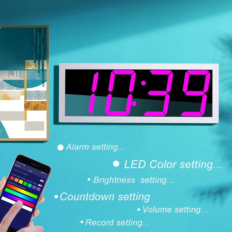 Digital Wall Clock APP Control Alarm Clock Time Date/ Temperature Sound Activate Countdown Stepless Brightness Alarm with Snooze 2