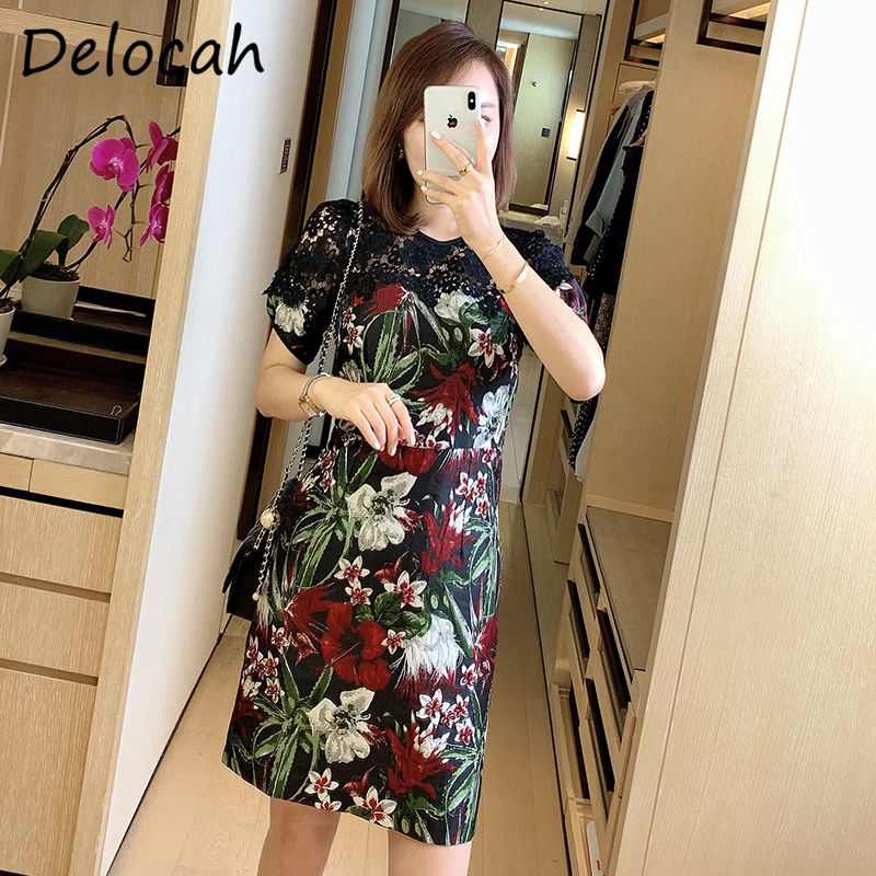 

Delocah Women Fashion Autumn DesignerÂ Short Dress Lace Hollow Out Lantern Sleeve Floral Print Bodycon Patchwork Pencil Dresses