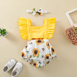 Body imprimé tournesol pour bébé fille, col carré, manches volantes, barboteuse, bandeau, vêtements d'été, ensemble 2 pièces pour enfants 