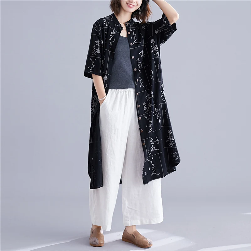Women Cotton Linen Long Shirt Dress Stand Collar Half Sleeve Printed Pockets Casual Loose Midi Dress Female Harajuku Dresses New