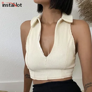

InstaHot sexy elegant tank top v neck sleeveless summer women slim crop top tops party casual office lady ribbed knit tank tops