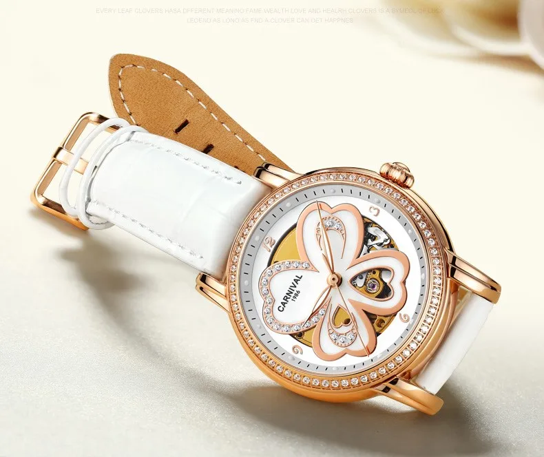 KARNEVAL режим Frauen Uhren Leder High end Tourbillon Mechanische Uhr Frauen светящийся сапфир вассердихт Montre femme