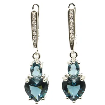 

21x15mm Fancy Created Dark London Blue Topaz White CZ Woman's Wedding Silver Earrings