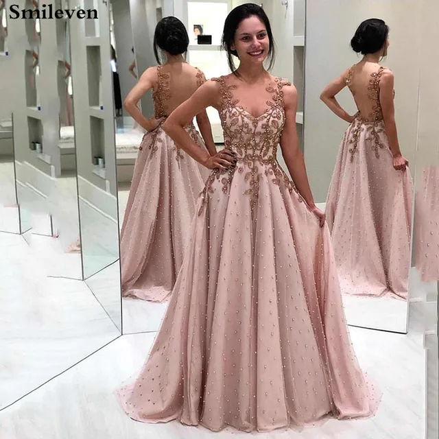 $US $134.89 Smileven Formal  Evening Gowns A Line Pink Prom Party Dresses With Pearls Long Evening Party Dress