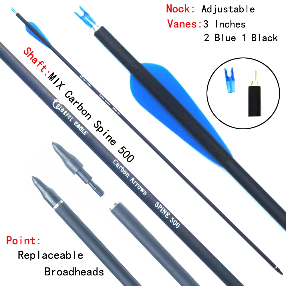 Archery Carbon Arrows Hunting Spine 500 for Recurve Compound Bow Longbow Shooting 28"/30"/31"