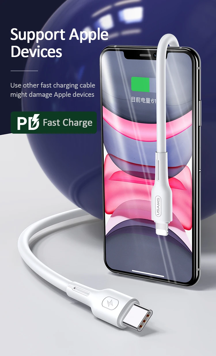 USAMS USB C для освещения USB кабель PD 18 Вт Кабель передачи данных для быстрой зарядки для iPhone 8 Plus 11Pro X Xs Max для Lightning для type C провода