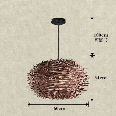 dia60cm coffee color Светодиодный Люстра из ротанга освещение круглое Птичье гнездо дом соломенная шляпа бамбуковая лампа креативный пасторальный винтажный Балконный Ресторан люстры - Цвет абажура: dia60cm coffee color