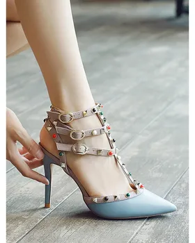 

[Worry Girl WUYOUNV] 2019 autumn stiletto high heel pointed rivet sandals Baotou fashion rivet single shoes women