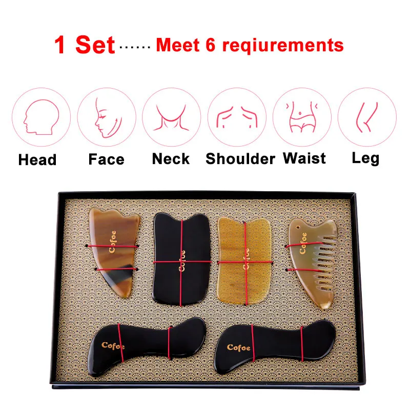 Cofoe 6 PCS Skin Facial Head Body Care Treatment Slimming Massage GUASHA Board Comb Scraping Scraper Massager Tool Set GIFT