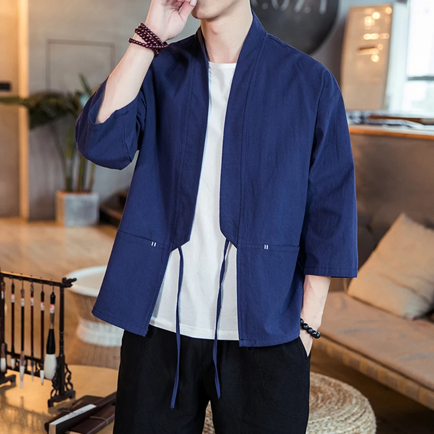 Blue Винтаж Японский стиль летнее кимоно Haori для мужчин кардиган Harajuku сплошной цвет хлопок мужской пальто куртка китайские Топы - Цвет: Blue