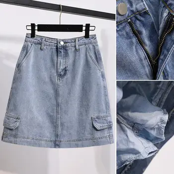 

Female Plus Size Jean Skirt Women High Waist Blue Denim Skirts Pockets Large Size Summer Saia S-5XL
