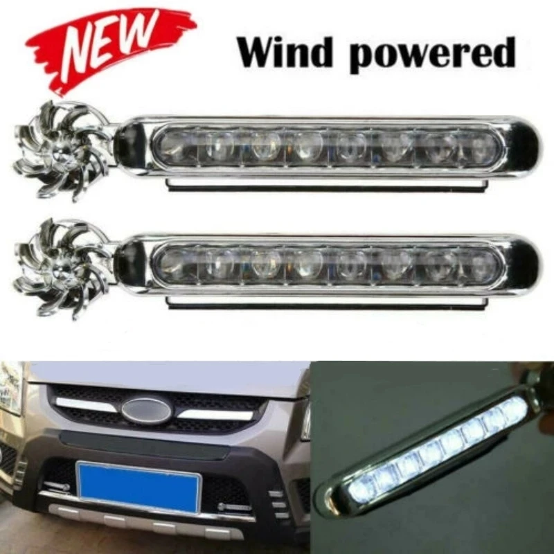 2pcs Wind Powered 8 LED Car Light External DRL Running Lights Headlight Fog Light Lamp Auto Daylight Wind Energy Without Wiring
