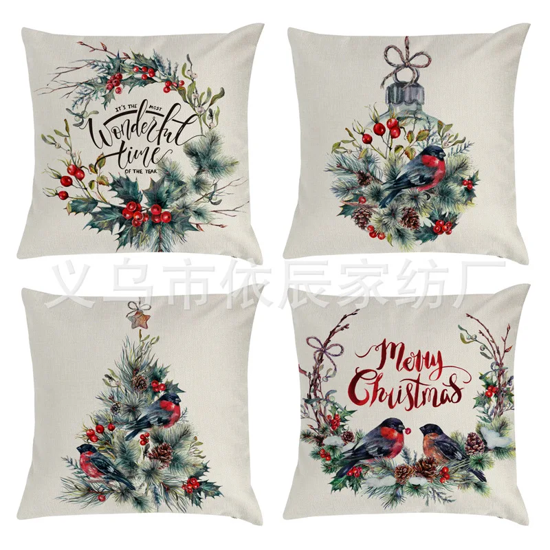 

New Christmas red pillow cover elk decoration digital printing polyester linen cushion cover home textile pillow