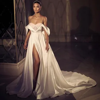 

Country Satin Backless Wedding Dresses Cheap Long Off The Shoulder Front Split Vestidos De Novia Women Bridal Dress Plus Size