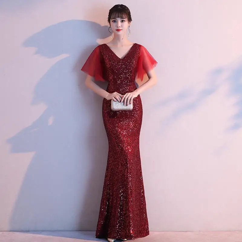 Серое перспективное женское вечернее платье, бисер, Ципао, Cheongsam, юная леди, с блестками, Vestidos, летнее сексуальное мини-Сетчатое платье - Цвет: Burgundy 2