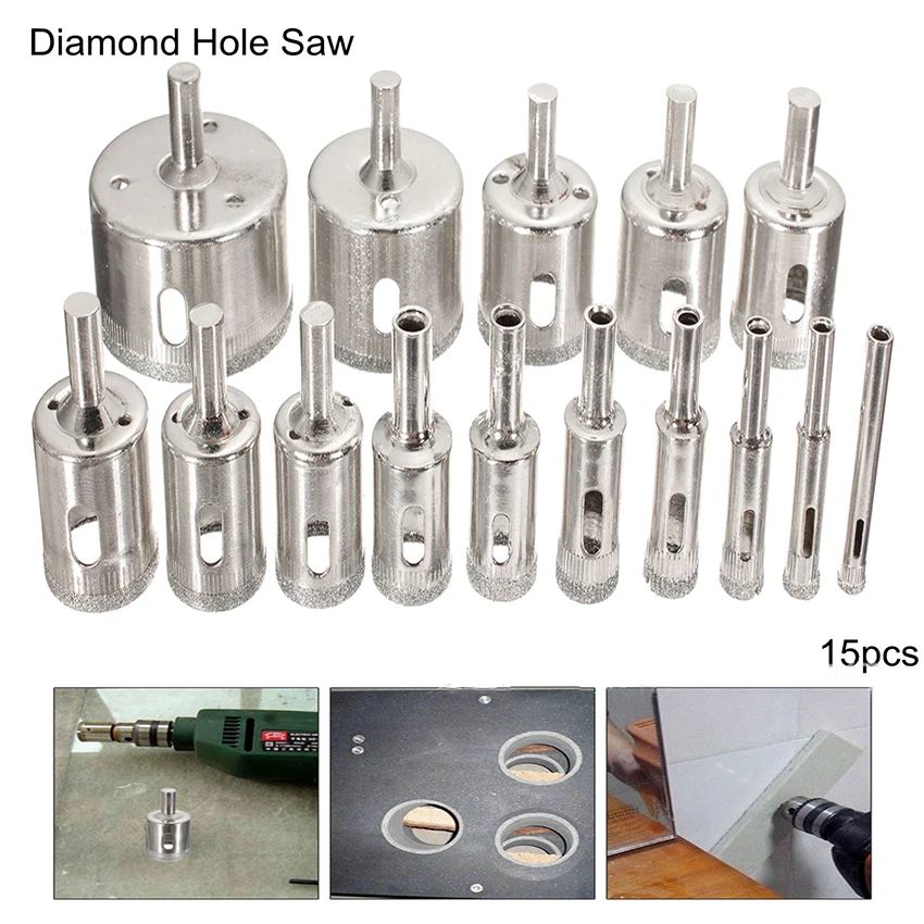 15PCS/Set Diamond Coated Hole Saw Drill Bit Set Cutter 6-50mm For Tile Ceramic Marble Glass Beads Rounded And Polished