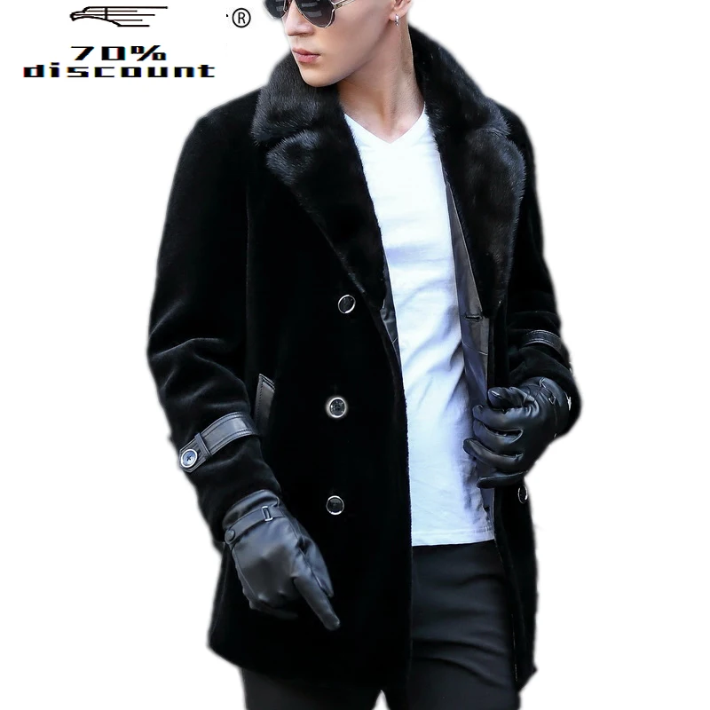 

Autumn Winter Real Fur Coat Men Sheep Shearling Jacket Mink Fur Collar Long Coat Plus Size Mens Jackets2020 KJ839