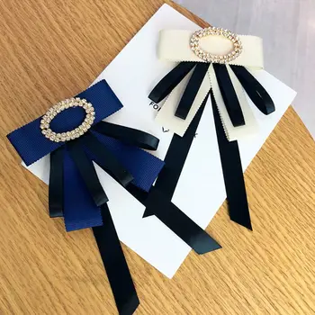 

Unisex Layered Contrast Color Ribbon Bow Tie Rhinestone Buckle Collar Brooch Pin 40JF