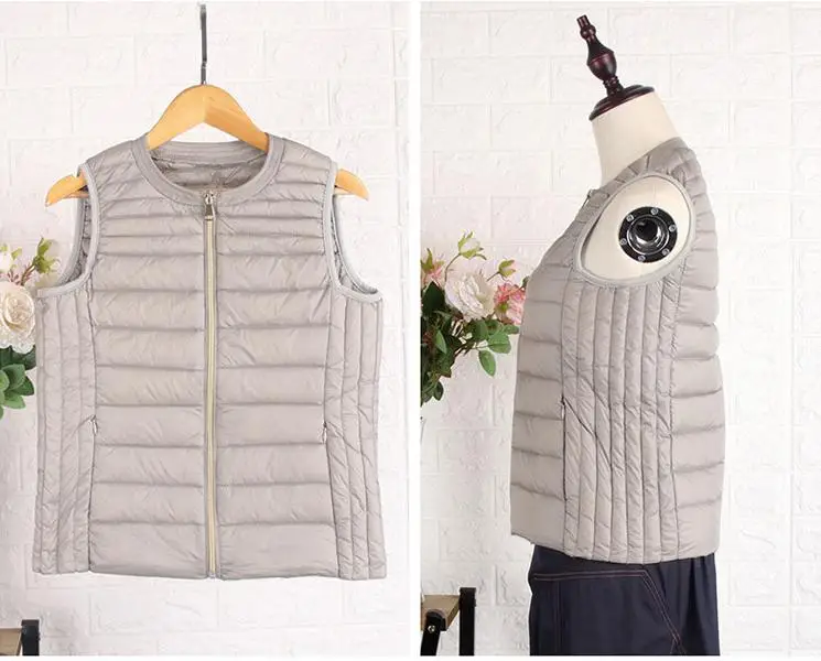 New Women Winter 90% White Duck Down Vest Ultra Light Duck Down Vest Sleeveless Jacket Round Neck Zipper Plus Coat Size - Цвет: Light gray