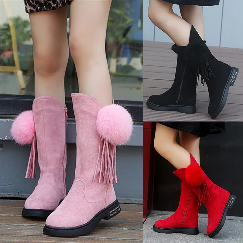 Girls Winter Fashion Rubber Boots Suede Tassel long boots Kids Princess Boots Knee-high Warm Cotton Soft Boots For Toddler D30