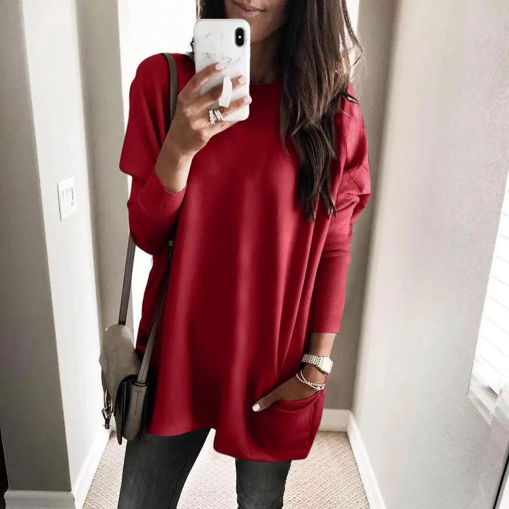 Women Solid Warm Long Sleeve Sweatshirt Loose Pocket Daily Pullover Tops Plus Size Femme Tops#30