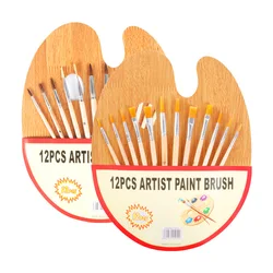 12pcs Horse Bristle Hair Oil Brush Set with Wood Paint Tray Palette for Artists and Hobby Painters Beginner Acrylic Paint Kits