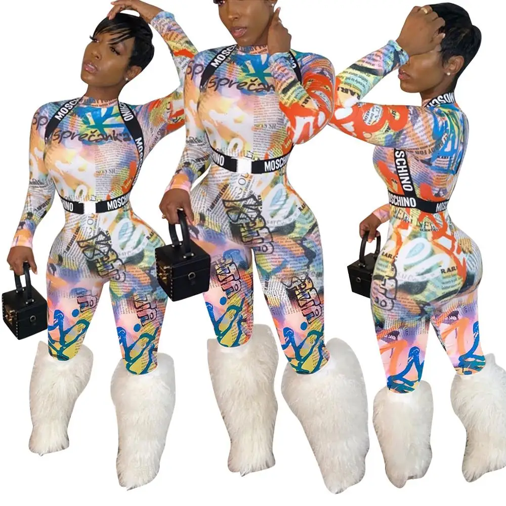 Multicolor jumpsuit Газетный принт комбинезон с высоким воротом женский длинный рукав бандажный Комбинезон Эластичный Высокая талия ночной клуб комбинезоны уличная S-XXL - Цвет: Multicolor jumpsuit
