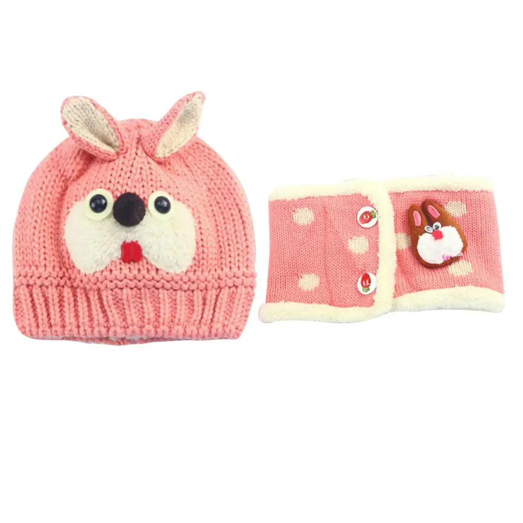 2Pcs Kids Baby Winter Warm Cartoon Rabbit Shape Casual, Street, Outdoor Knitted Cap and 6-48 Months Scarf