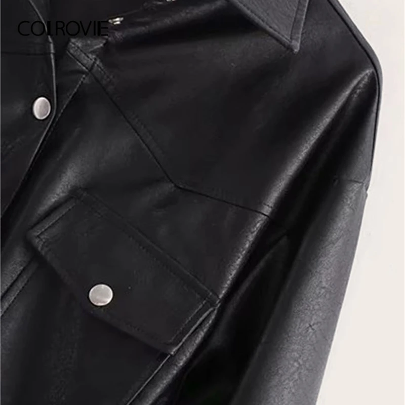 price reduction  COLROVIE Black PU Button Front Flap Pocket Belted Jacket Women 2019 Autumn Streetwear Jackets Solid