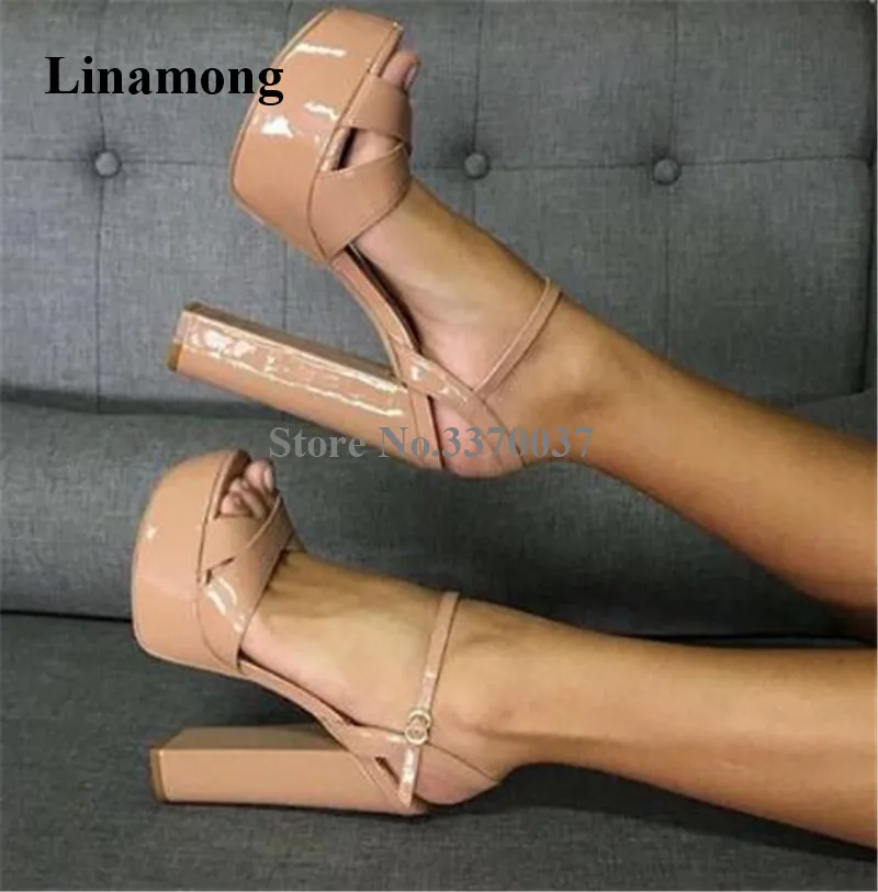 Women Sexy Patent Leather High Platform Chunky Heel Sandals Shining Nude Open Toe Thick High Heel Sandals Dress Heels