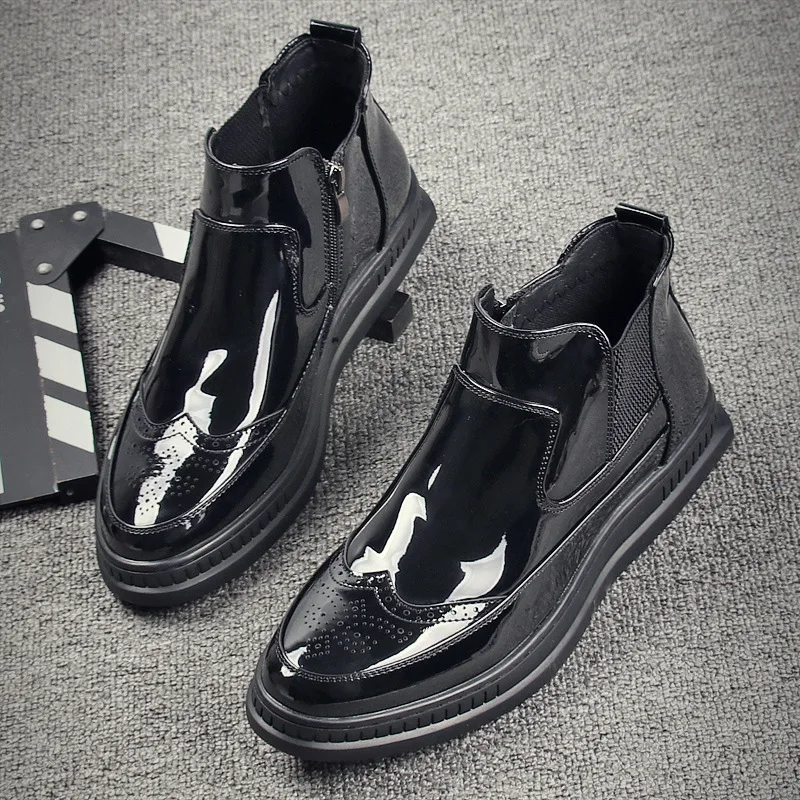 Mens Leisure Punk Nightclub Chelsea Stivali Scarpe In Pelle Verniciata Intagliato Bullock Bottes Homme Autunno Inverno Piattaforma Botas Hombre
