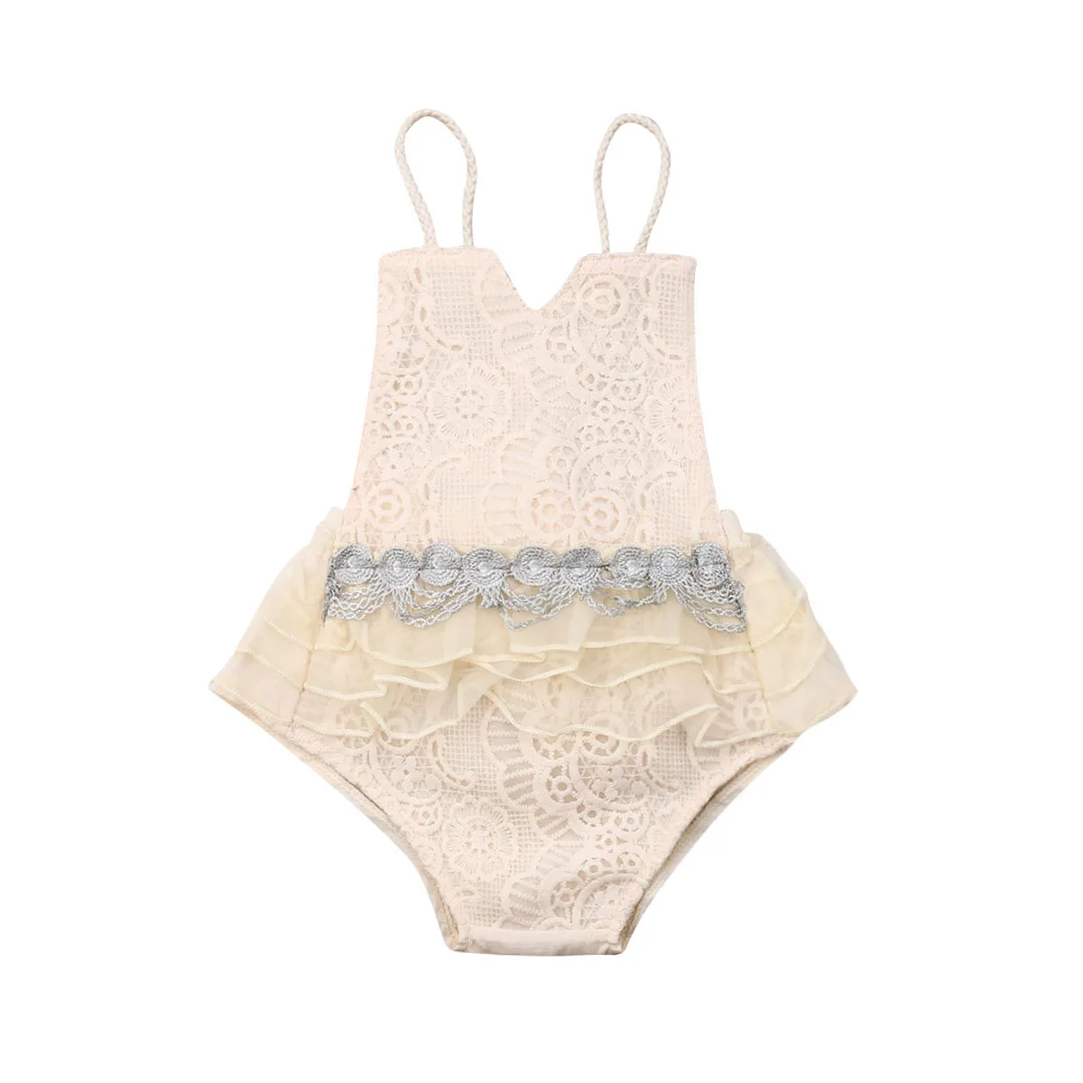 

0-24M Newborn Infant Baby Girls Boys Jumpsuit Sleeveless Lace Belt Flowers Bodysuit Outfit Lace Clothes