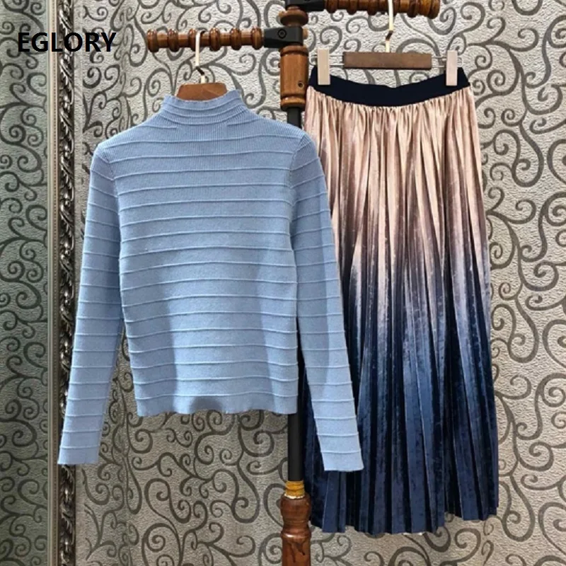 

2019 Autumn Winter Sweater Suit Women High Quality Knitted Blue Pullovers+Gradient Color Print Mid-Calf Pleated Skirt Set 2pc