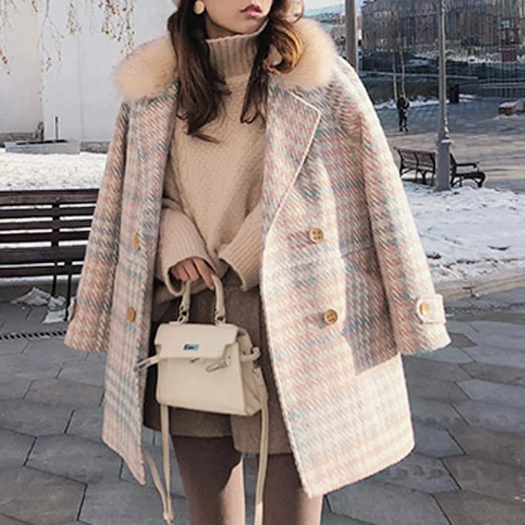 SAGACE Women Coat Outerwear Winter Clothing Fashion Warm Woolen Blends Female Elegant Double Breasted Woolen Coat
