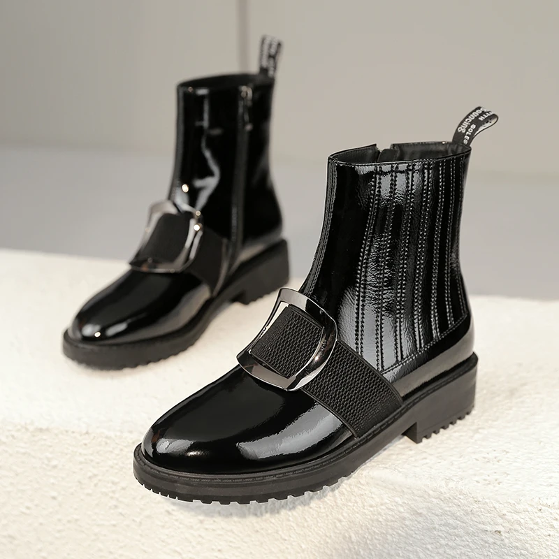 Trendy Full Grain Cow Leather Ankle Boots For Ladies Size 34-42 Big Metal Square Buckled Booties Women Biker Shoes Autumn - Цвет: Black Boots