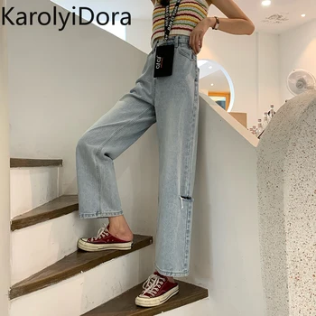 

Jeans women 2020 spring new Hong Kong flavor chic high waist bud denim hole trousers Slim was thin wide leg pants