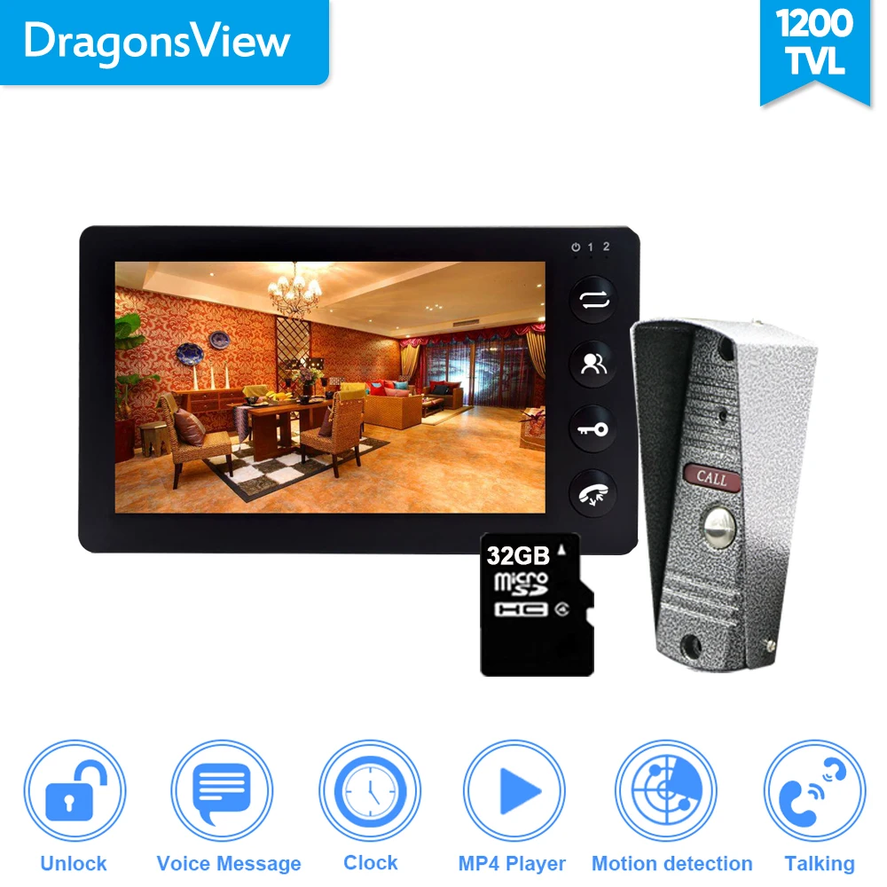 Dragonsview  7 Inch Video Doorbell Intercom System Video Door Phone With Camera MP3 MP4 Unlock Motion Detection  Waterproof