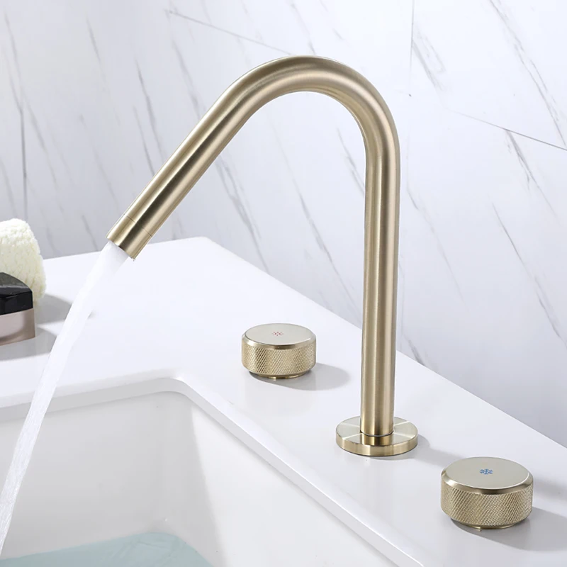 

Bathroom Sink Widespread Faucets Dual Handle Mixer Brushed Gold Hot & Cold Water Deck Mounted Tub Faucet Black 3 Hole Basin Tap