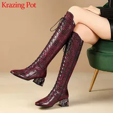 Krazing Pot/Великолепные Сапоги с принтом в виде камня; зимние теплые сапоги до бедра с круглым носком на высоком каблуке, на шнуровке, на молнии для зрелых женщин; L3f7