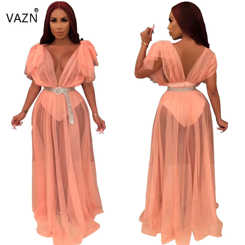 

VAZN ZSC0225 New 2019 Open Young See Through Lace Special Holiday Sexy Fashion Solid Sleeveless Chiffon Loose Women Maxi Dress