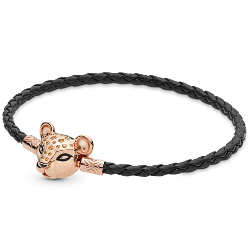 

16-44cm 925 Sterling Silver Bracelet Black Leather With Rose Lioness Clasp Bracelets Bangle Fit Bead Charm Europe Diy Jewelry