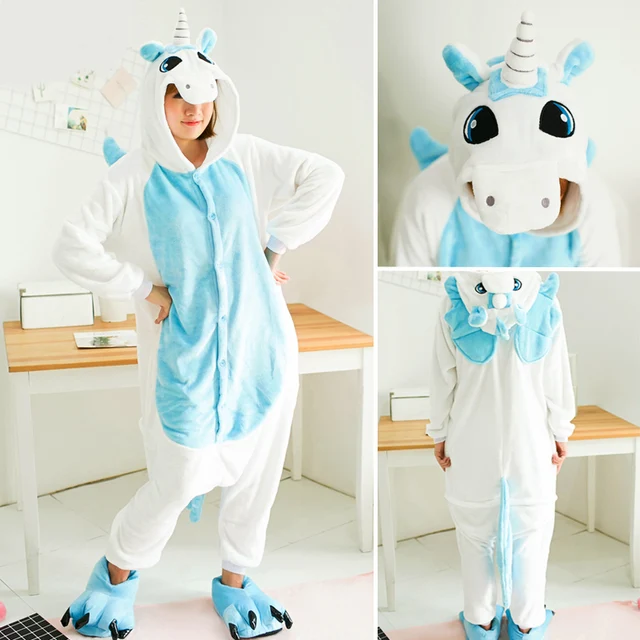 Women Unicorn Totoro Panda Onesies Unisex Winter Men Bear Onesies Kids Nightwear Anime Cosplay Costume Flannel Sleepwear Pajamas Blue Unicorn